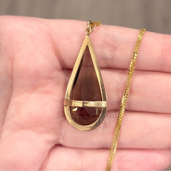 Vintage Smoky Quartz 18K Yellow Rose Gold Pendant Mid-Century Teardrop Solitaire - Picture 9 of 13